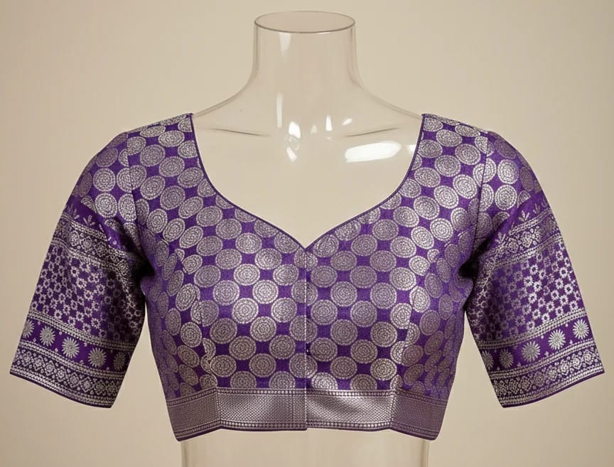 Purple Brocade Saree Blouse with Silver Circular Motifs - Image 2