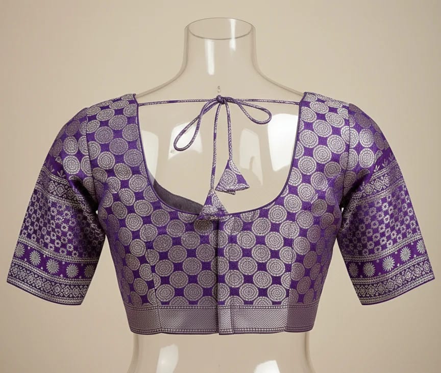Purple Brocade Saree Blouse with Silver Circular Motifs - Image 3