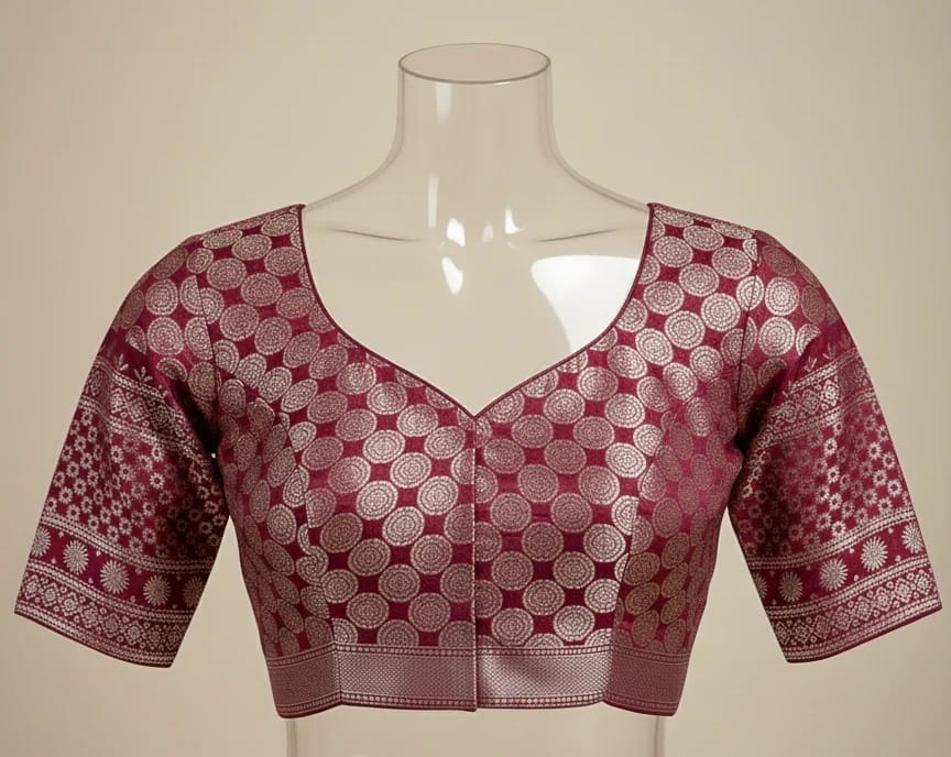 Deep Plum Brocade Saree Blouse with Intricate Silver Embroidery - Image 2