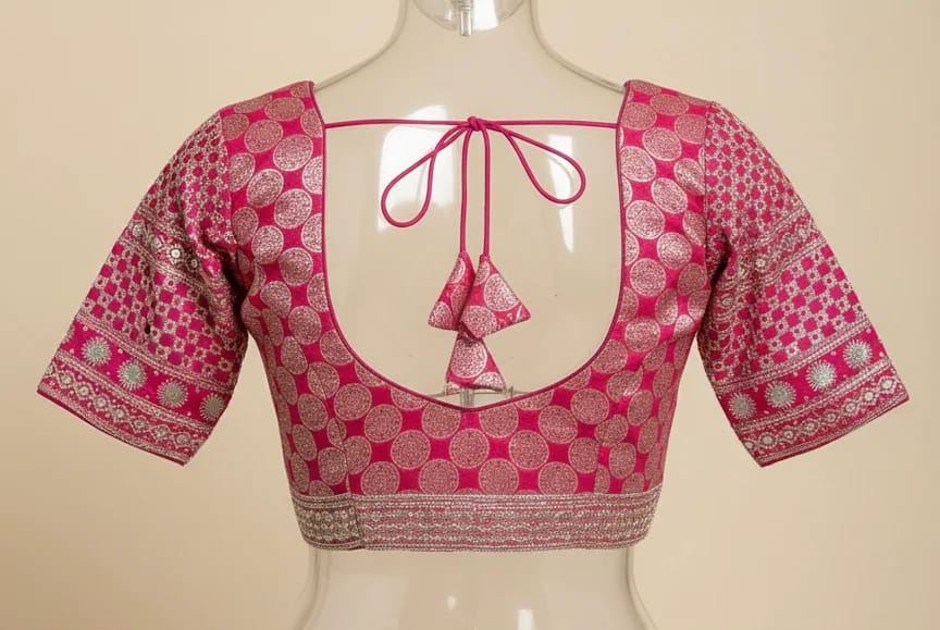Rani Pink Brocade Saree Blouse with Silver Circle Motifs - Image 2