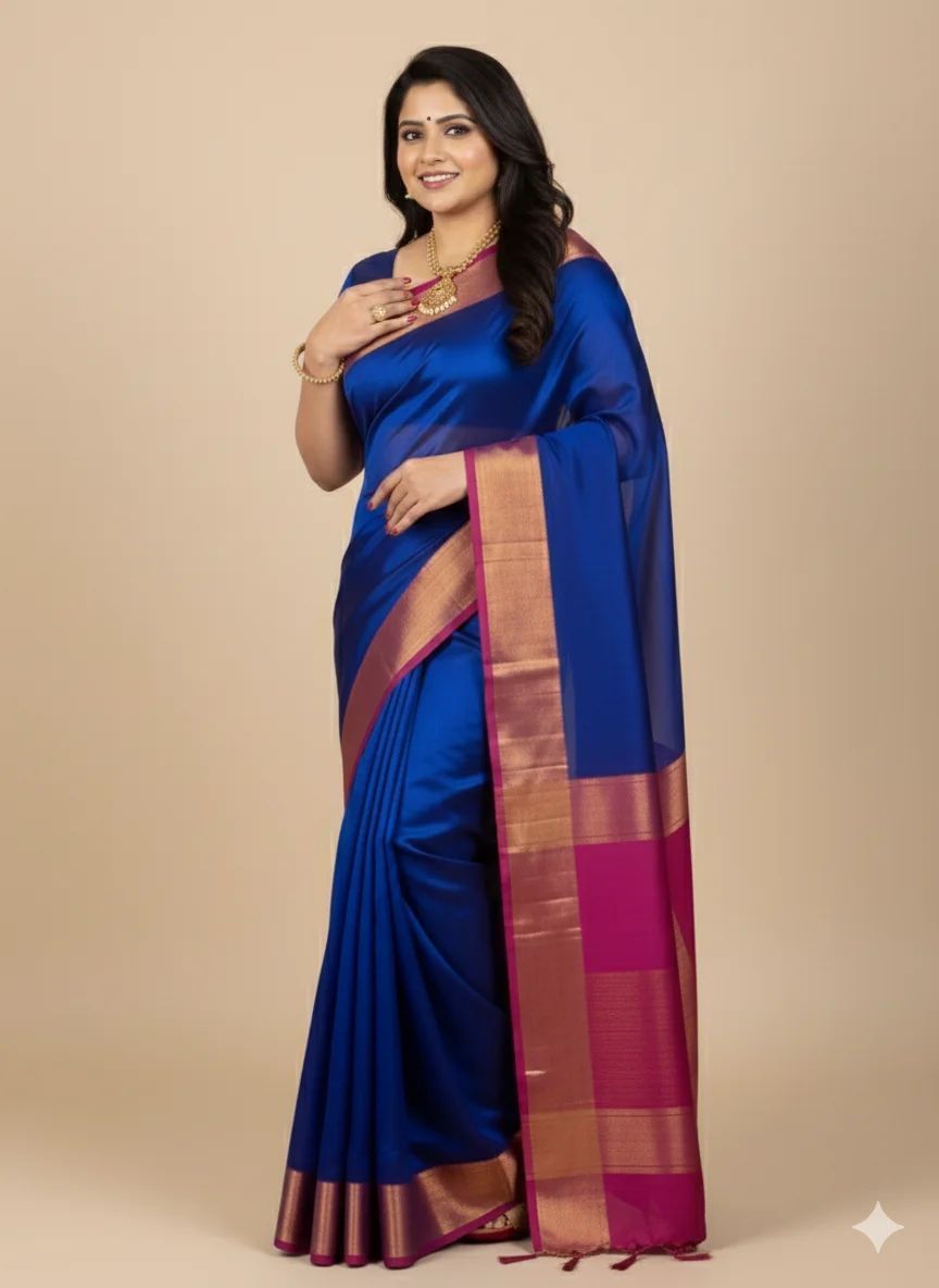 Royal Blue Mul Cotton Saree with Rani Pink Zari Border (with blouse) - Image 2