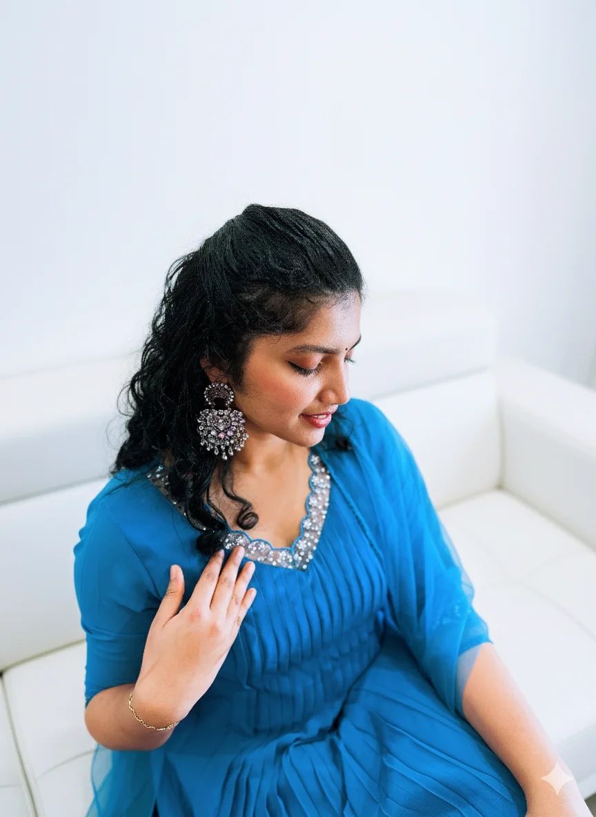 Steel Blue Pleated Georgette Salwar Suit with Embellished Net Dupatta - Image 2