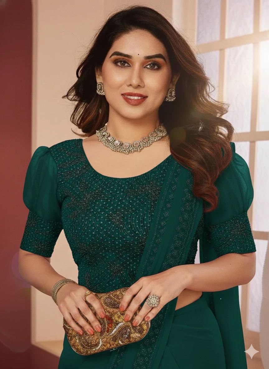  Deep Emerald Green Embroidered Stretchable Blouse with Puff Sleeves and Intricate Beadwork