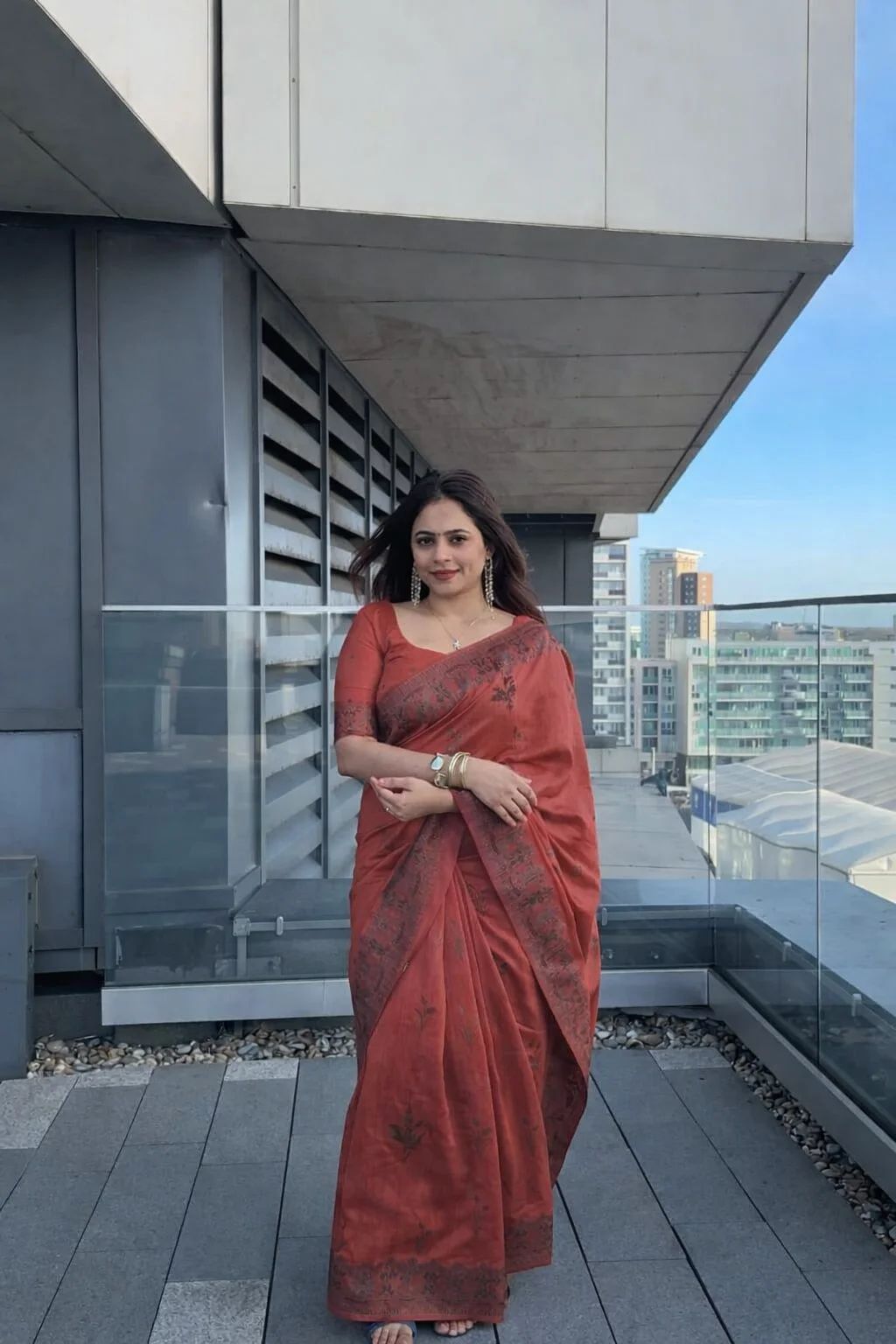 Georgette Saree with Intricate Silver Floral Border and Matching Blouse - Orange colour  - Image 2