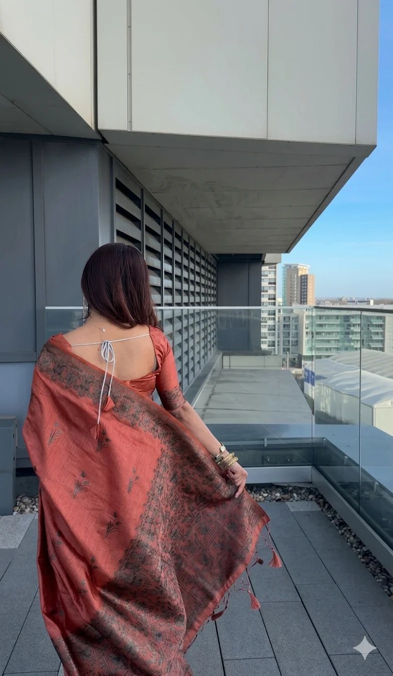 Georgette Saree with Intricate Silver Floral Border and Matching Blouse - Orange colour  - Image 3