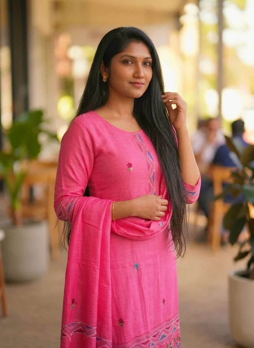 Mul chanderi churidar with khatha work pink colour  - Image 2