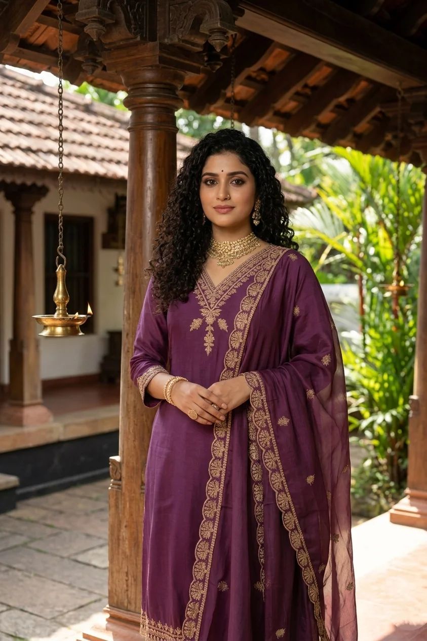 Purple salwar with Gold Embroidered Yoke - Image 3