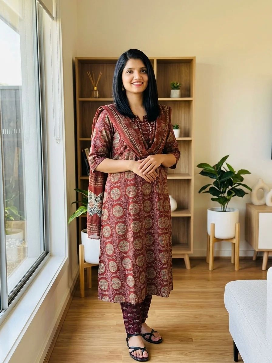 Maroon printed cotton suit - Image 3
