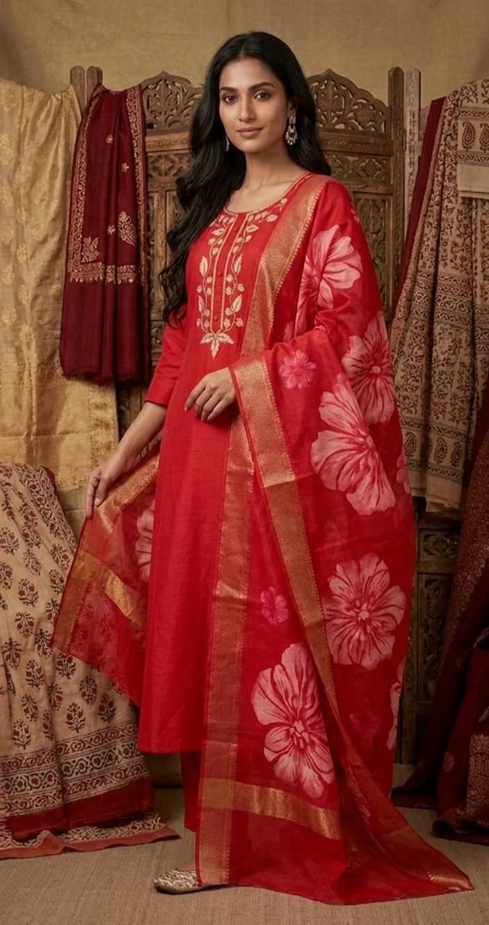 Red Salwar Suit with Printed Dupatta - Image 2