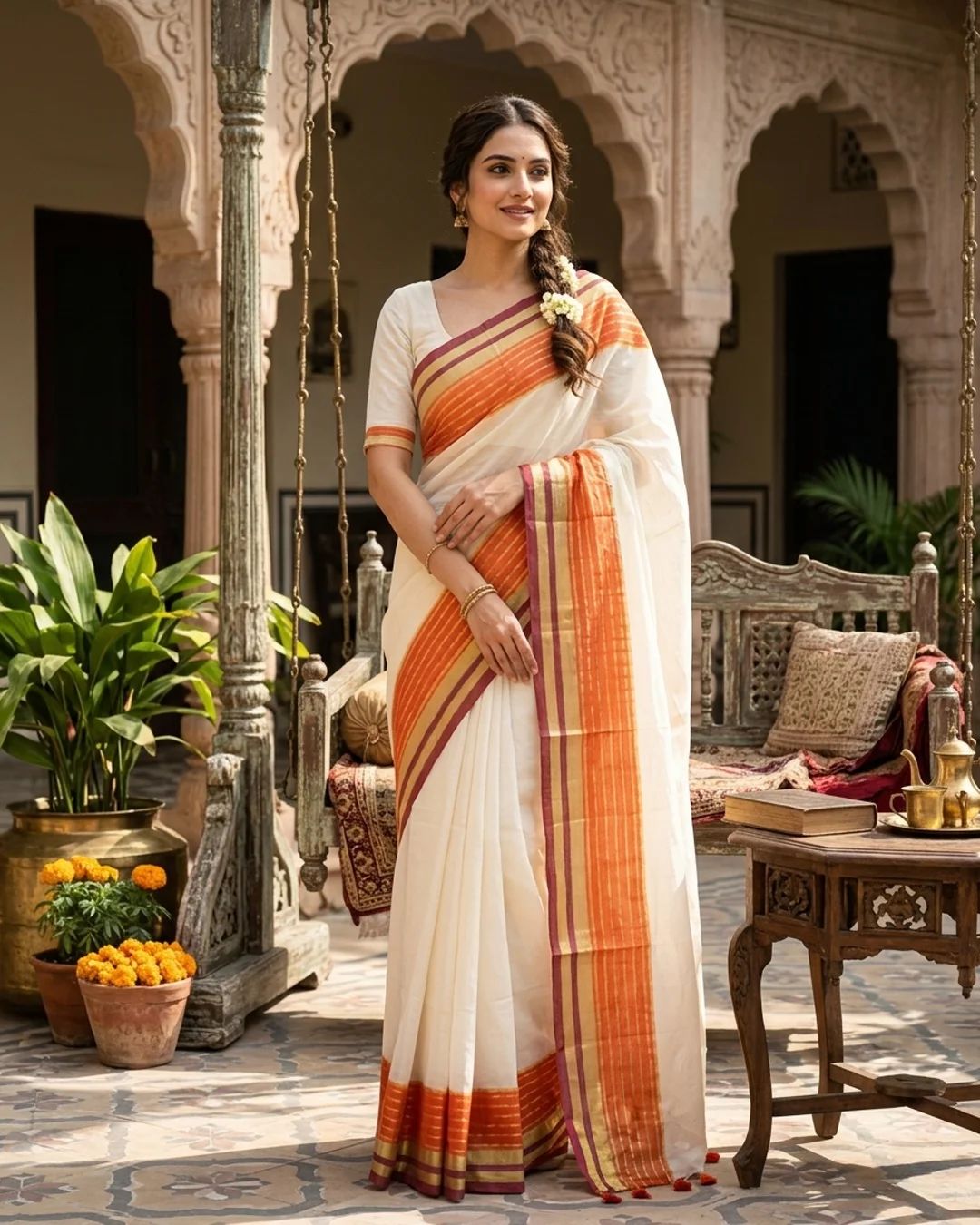 Orange Coffee Border Mulcotton Saree