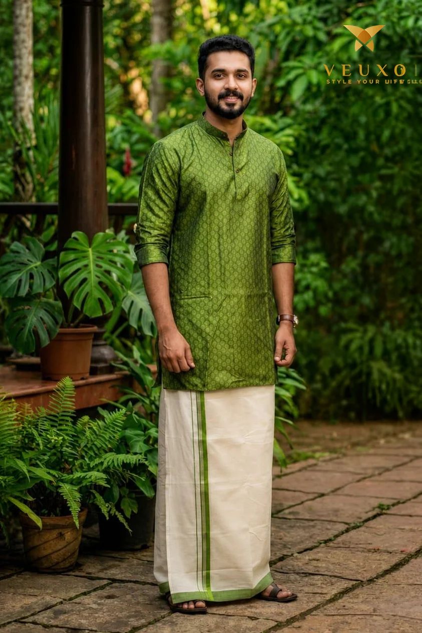 Green premium silk Kurtha and dhothi combo