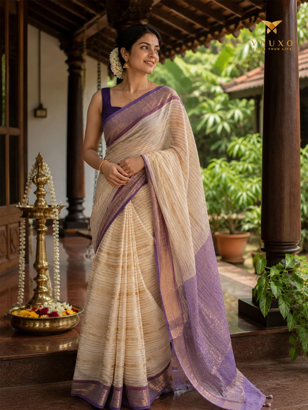 Elegant purple bordered Kerala Mulcotton saree with stripes - Image 2
