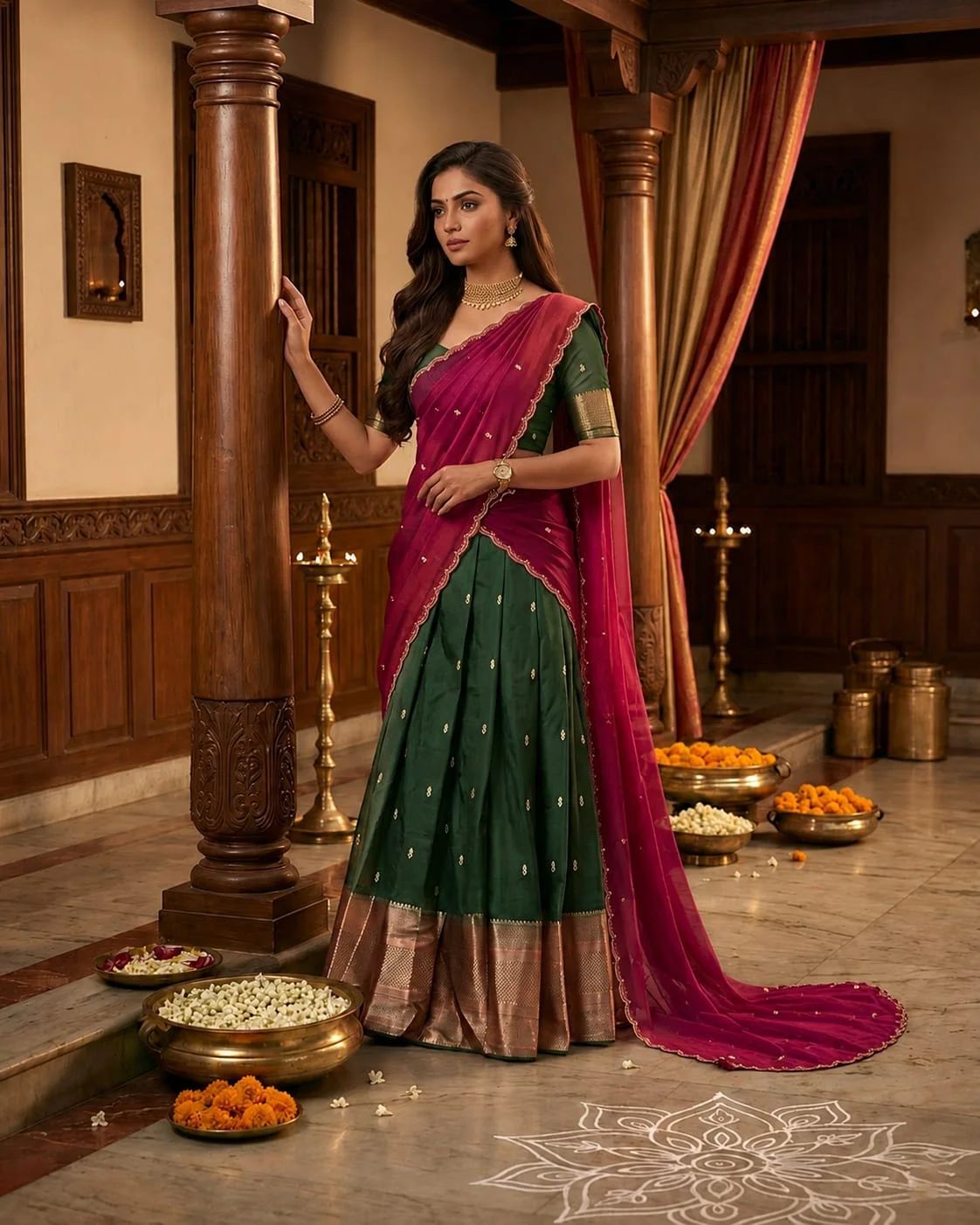 Kanji Cotton Emerald Green & Magenta Pink Dhavani