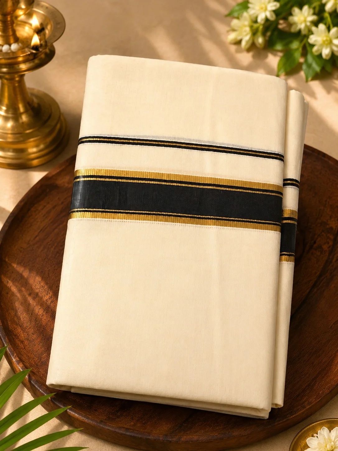 Off white Kasavu Mundu with black Zari border and stripes