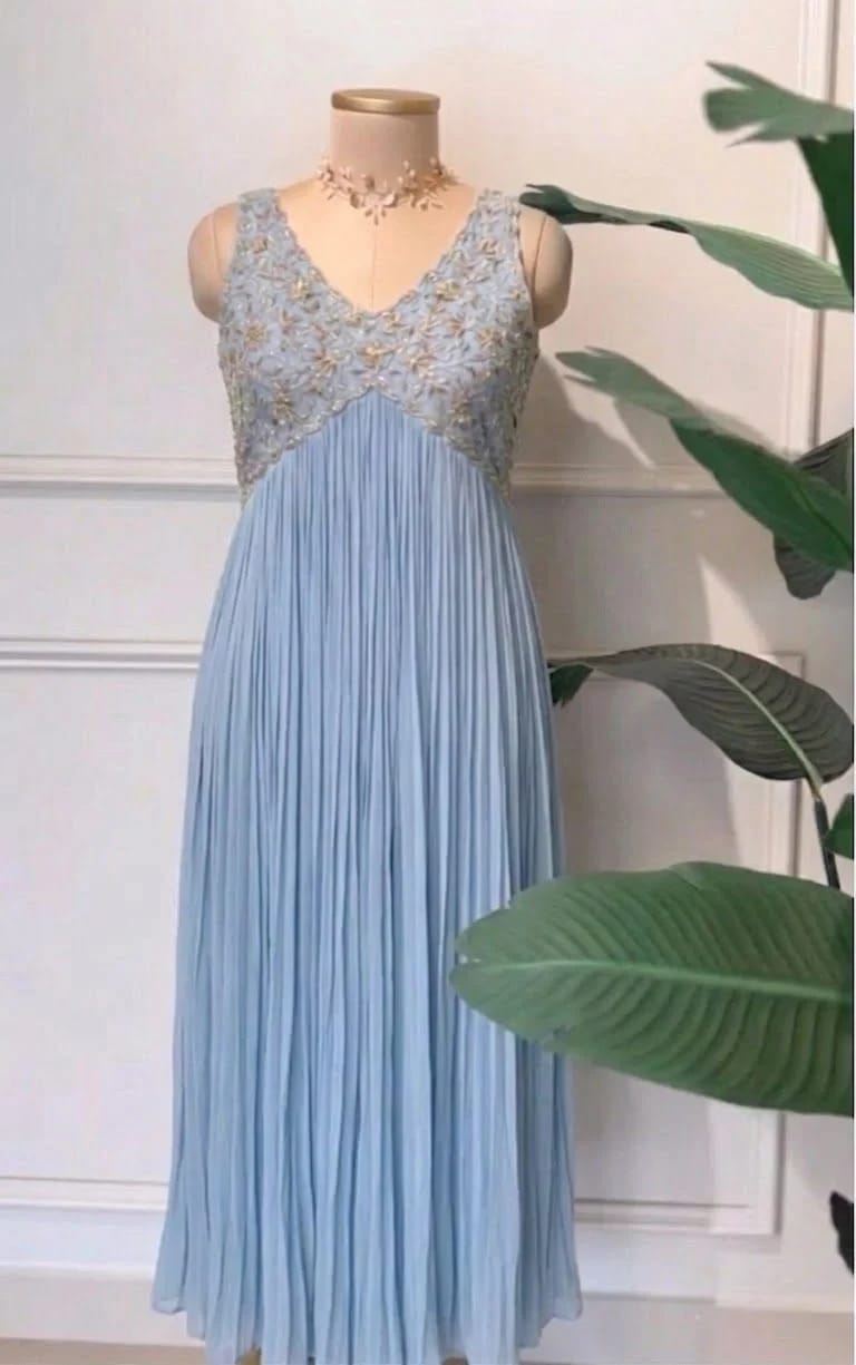 Sky Blue Georgette Crush Pleated Flared Sleeveless Anarkali with Heavy hand work yoke