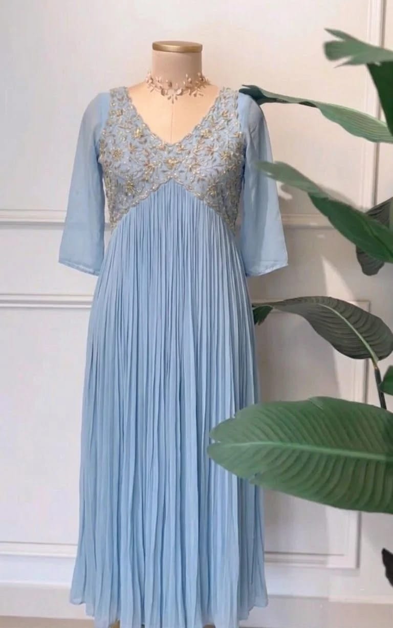 Sky Blue Georgette Crush Pleated Flared Anarkali with Heavy hand work yoke