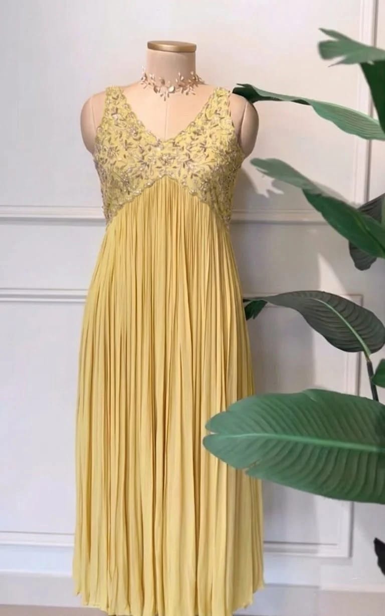 Yellow Georgette Crush Pleated Flared Sleeveless Anarkali with Heavy hand work yoke