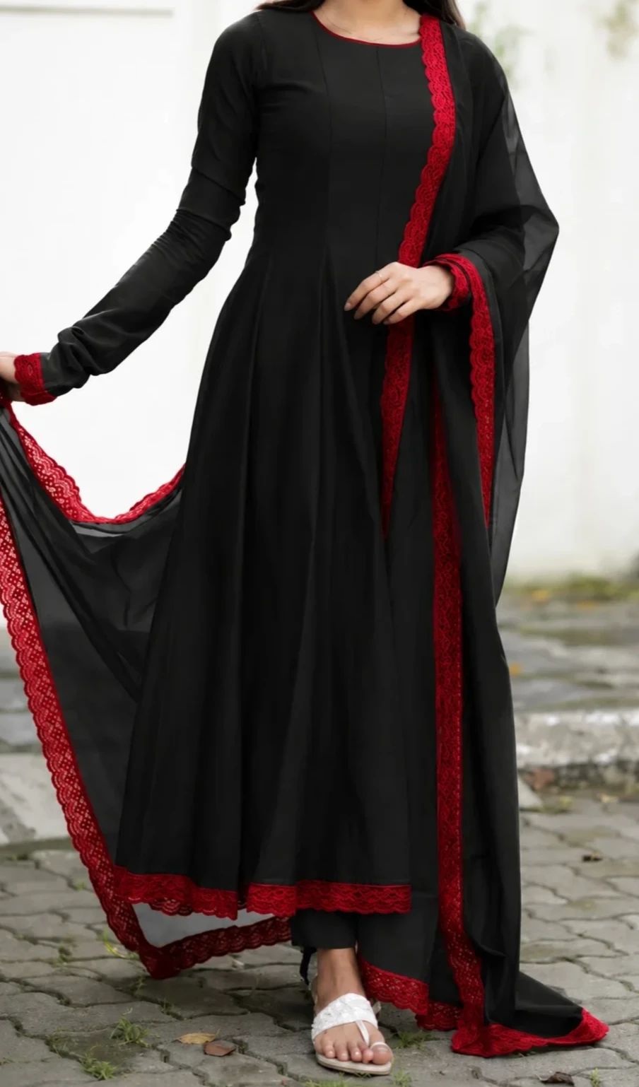 Black Chanderi Flared Panel Cut Anarkali With Contrast Maroon Red Lace Work