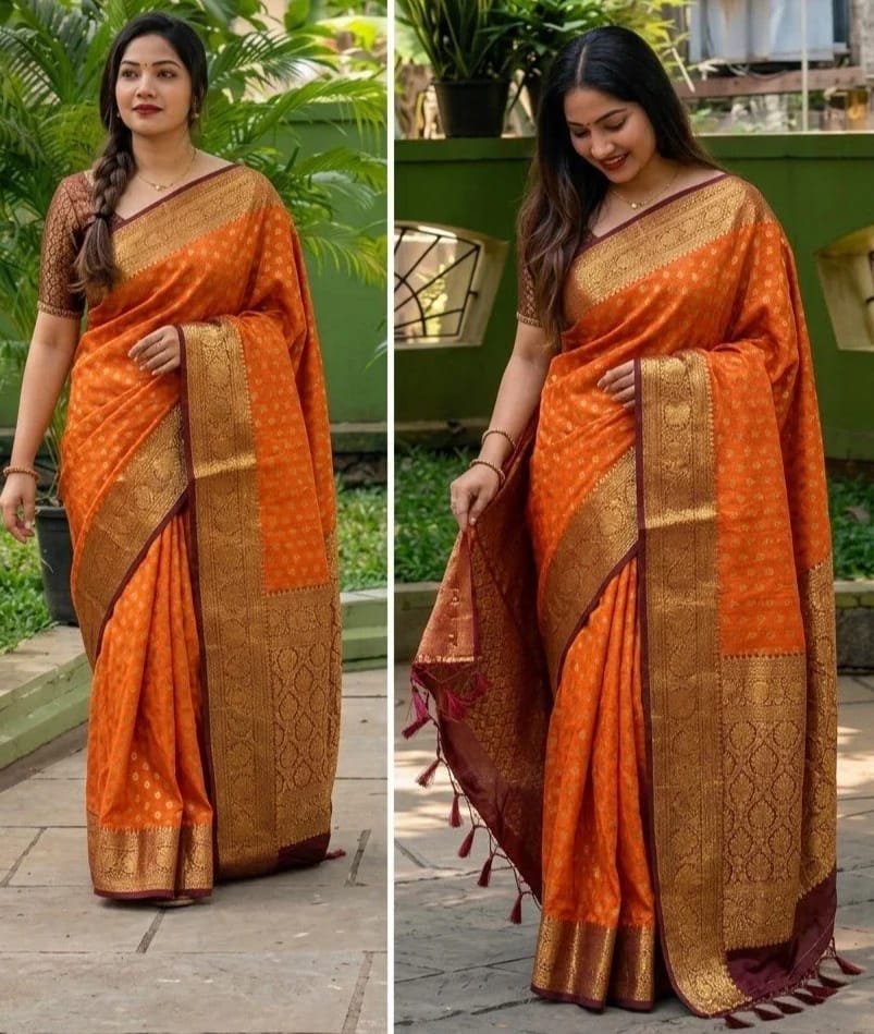 Orange Banarasi Soft Silk Saree With Stitched Blouse Royal Traditional Look