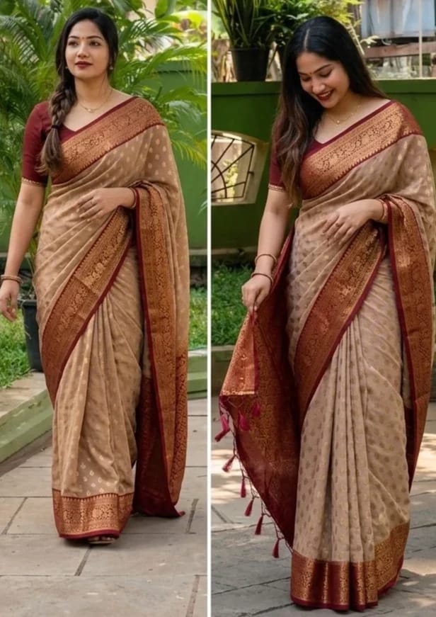 Beige Maroon Banarasi Soft Silk Saree Classy Traditional Look