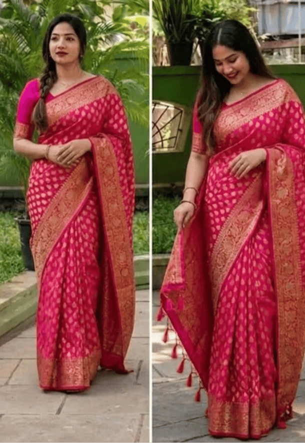 Rani Pink Banarasi Soft Silk  Saree with Heavy Gold Zari Weaving  - Rich Look