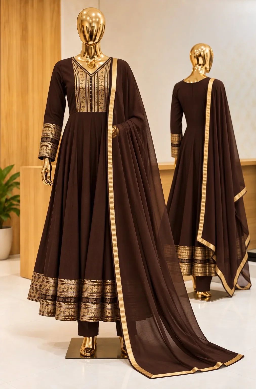 Royal Coffee Brown Zari Panel-Cut Anarkali Set