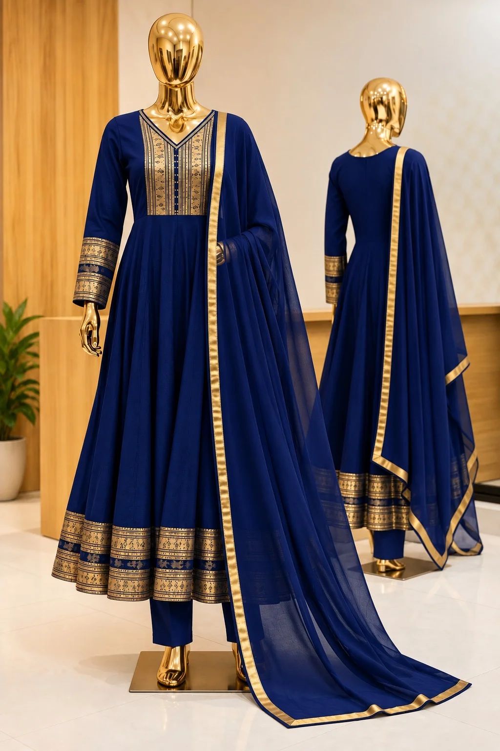 Royal Navy Blue Zari Panel-Cut Anarkali Set - Image 2