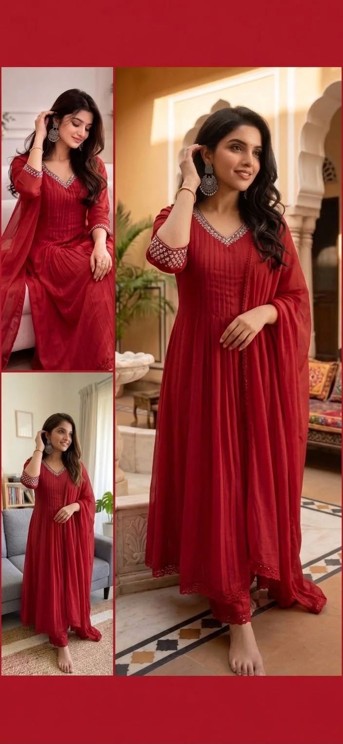 Ruby Red Pleated Georgette Salwar Suit - Image 2
