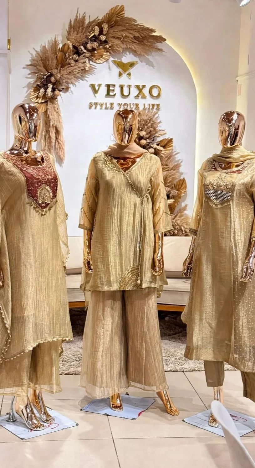 Golden Tissue Silk Salwar Set With Heavy Neck Embroidery - Image 3