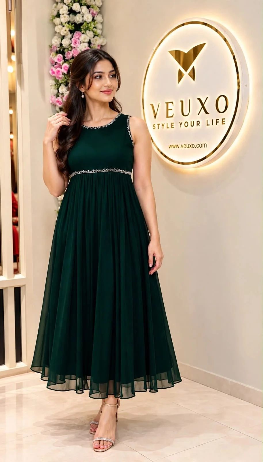 Bottle Green Georgette Flared Gown with Silver Cutwork