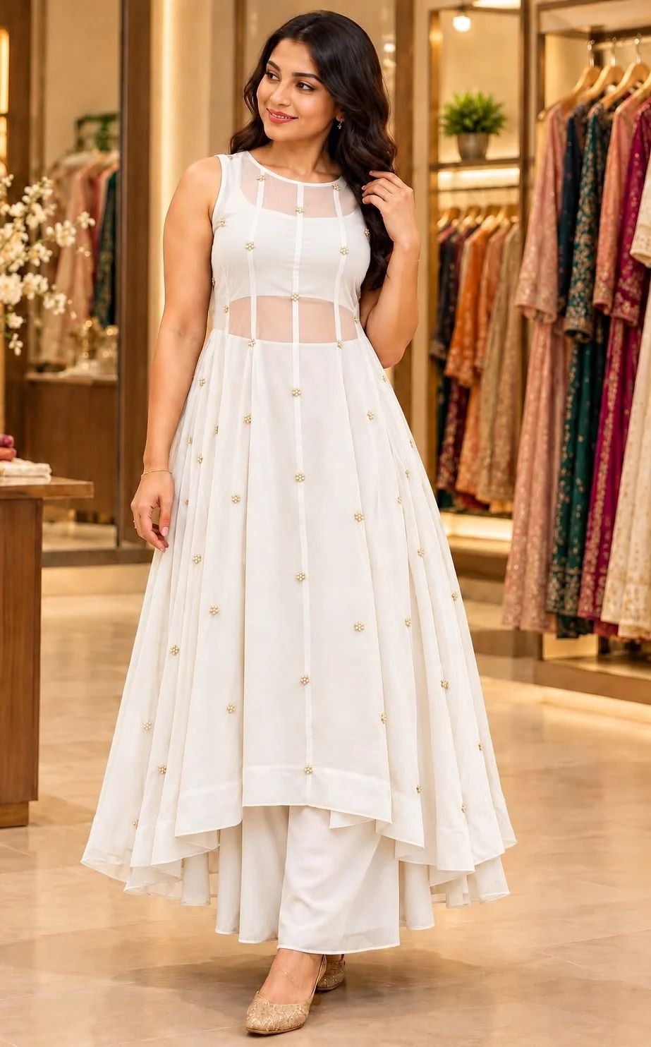 White Chanderi Anarkali Palazzo set With Pearl Butta Work