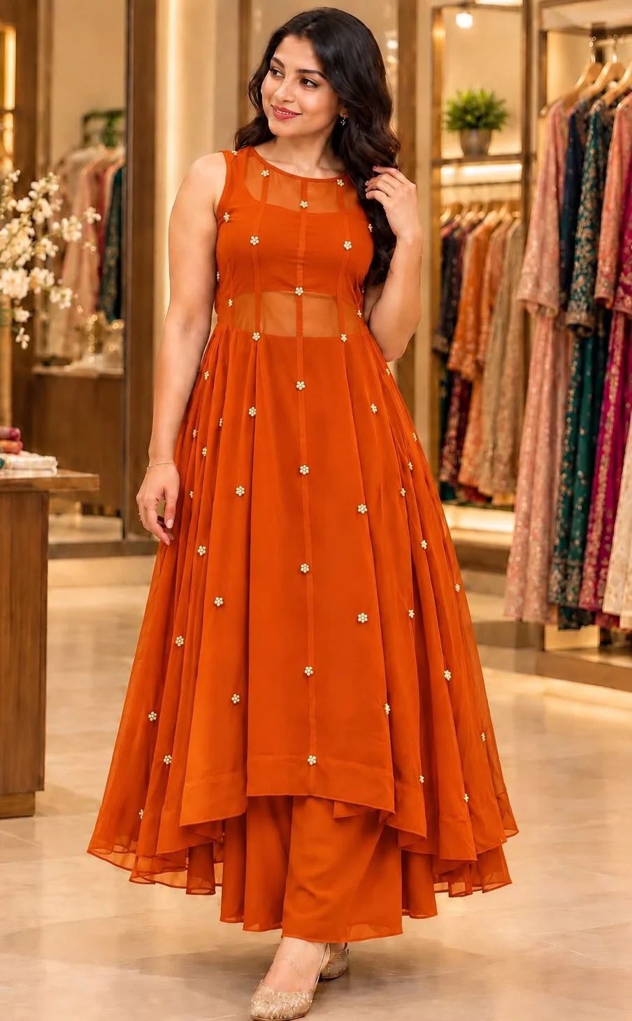 Burnt Orange Chanderi Anarkali Palazzo set With Pearl Butta Work