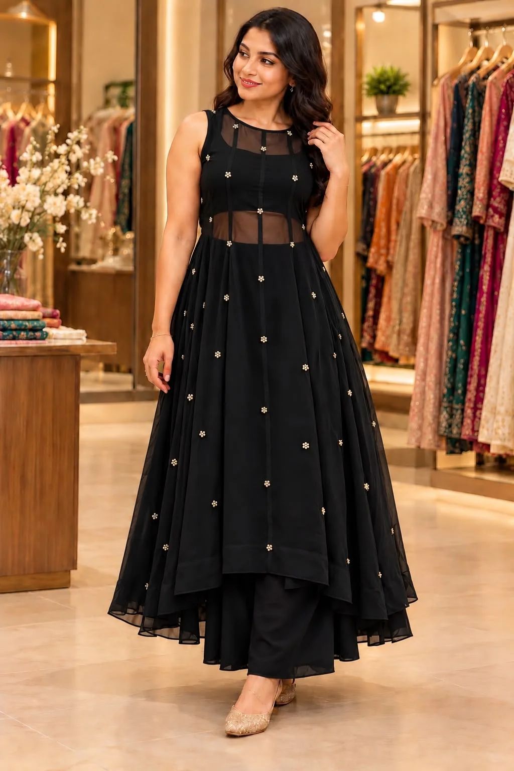 Black Chanderi Anarkali Palazzo set With Pearl Butta Work