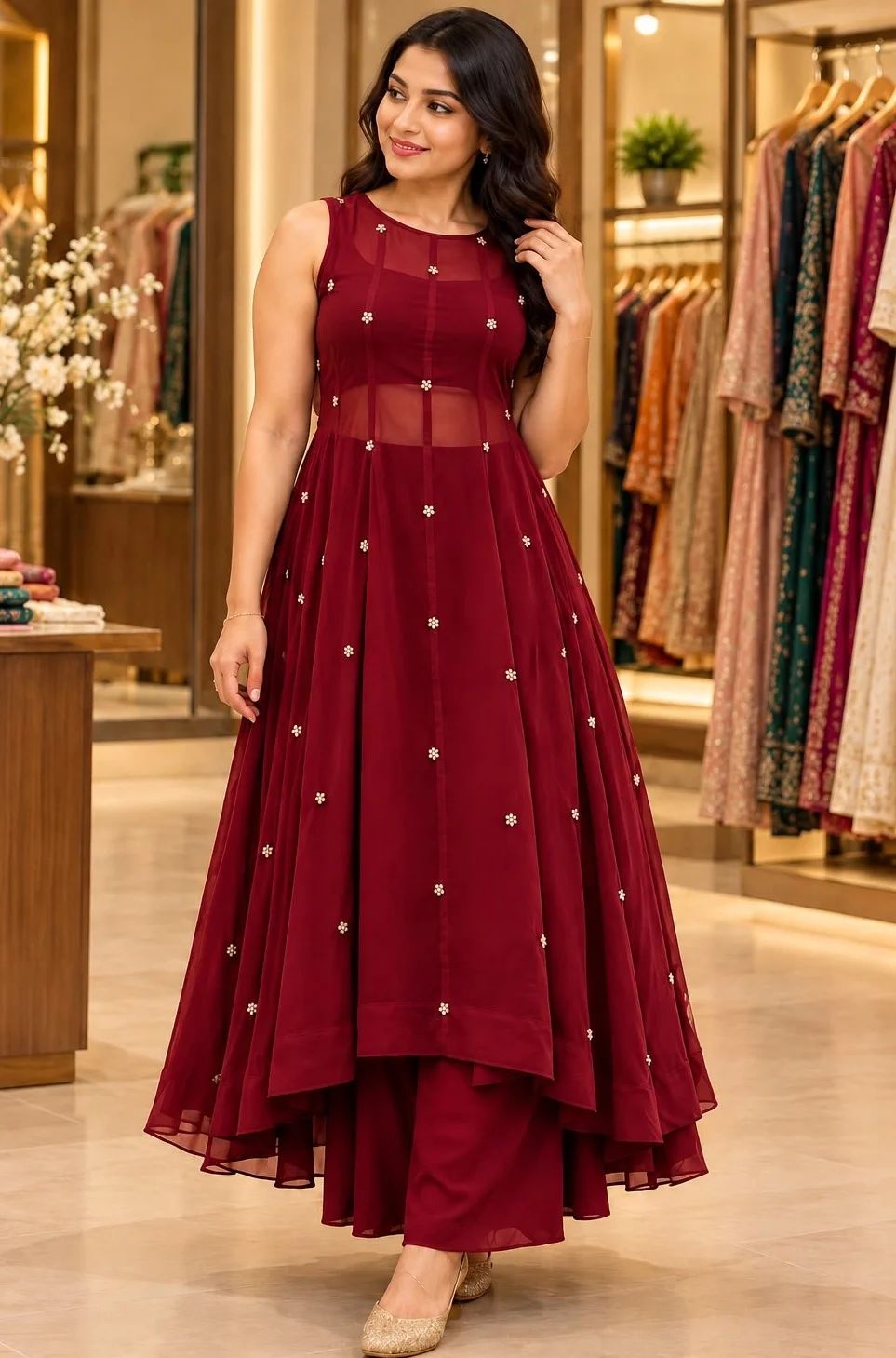 Maroon Chanderi Anarkali Palazzo set With Pearl Butta Work