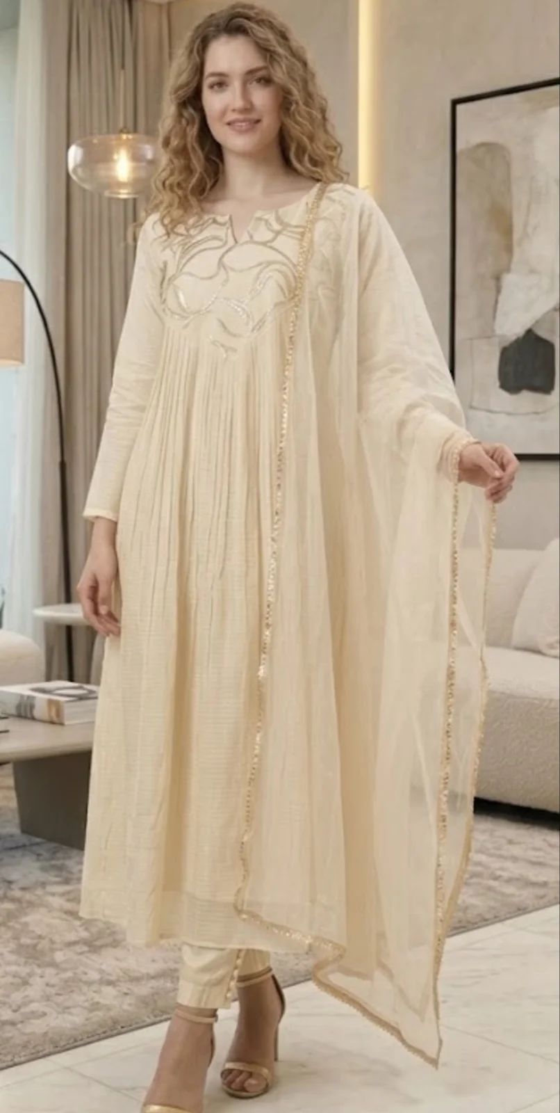Ivory Cream Pintuck Pleated Anarkali With Organza Dupatta