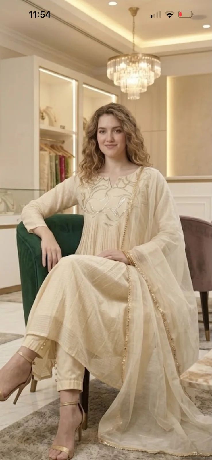 Ivory Cream Pintuck Pleated Anarkali With Organza Dupatta - Image 2