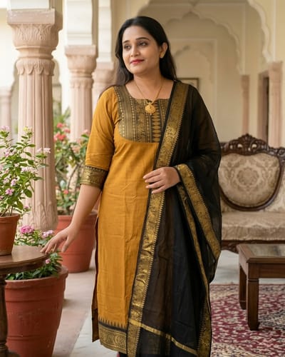 Mustard Gold Anarkali Suit with Black Dupatta