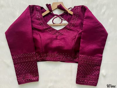 Elegant Wine Embroidered Full Sleeve Saree Blouse