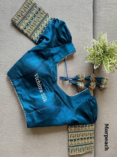 Elegant Teal Blue Embroidered Puff Sleeve Saree Blouse