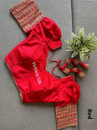 Vibrant Red Vichitra Silk Readymade Blouse with Gold Embroidery
