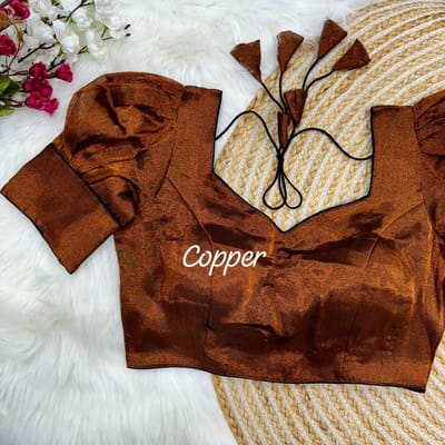 Copper Metallic Silk Saree Blouse with Puff Sleeves