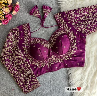 Elegant Wine Vichitra Silk Bridal Blouse with Heavy Golden Embroidery