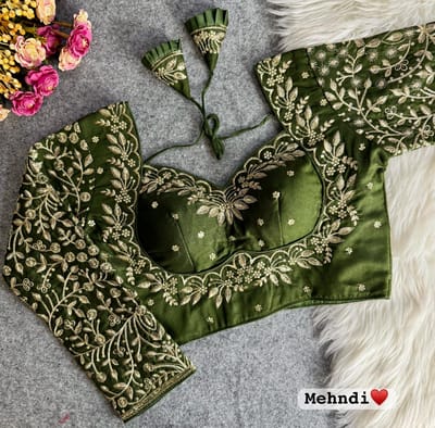 Royal Mumtaz Style Mehndi Green Long Sleeves Embroidered Bridal Blouse
