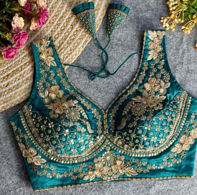 Teal Green Heavily Embroidered Bridal Blouse