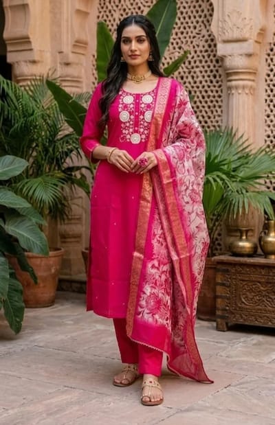 Vibrant Fuchsia Pink Suit with Embroidered Neckline
