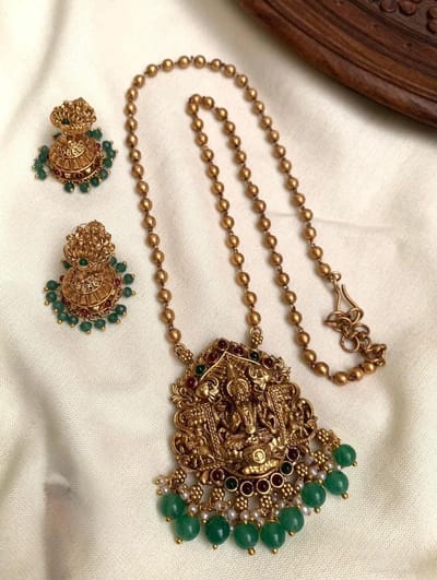 Antique Lakshmi Temple Necklace with Green Beads