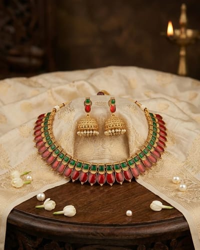 Red & Green Stone Choker with Jhumkas