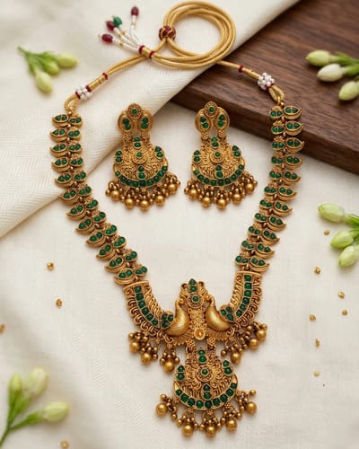 Antique Green Stone Peacock Necklace Set