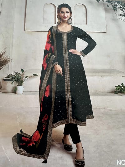  Black Embroidered Anarkali Suit with Floral Dupatta