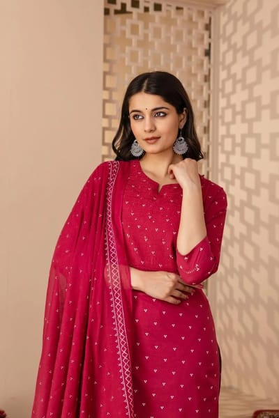 Maroon Embroidered Cotton Salwar Suit